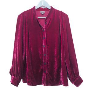 J. Jill Velvet Top Women’s Size MP Button Front Peplum Back Mandarin Collar Wine
